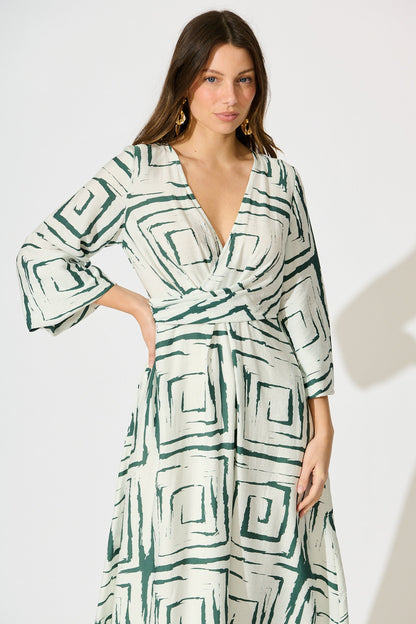 Suzanna Midi Dress in White Geometric Print