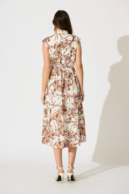 Carine Midi Dress in White with Brown Floral Print Cotton