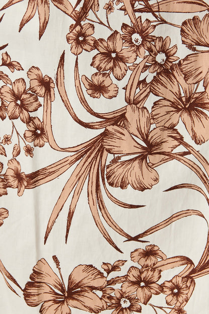 Carine Midi Dress in White with Brown Floral Print Cotton