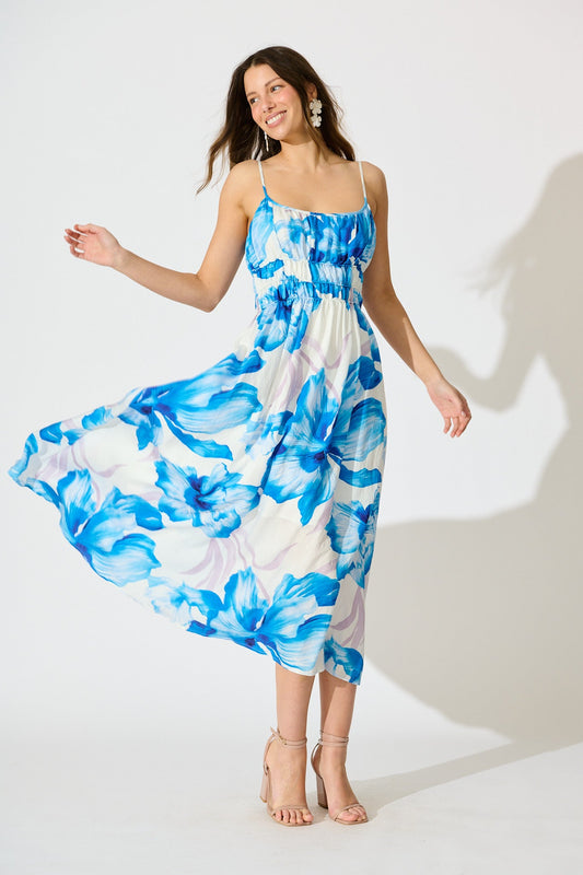 Zaynab Maxi Sundress in White with Blue Floral