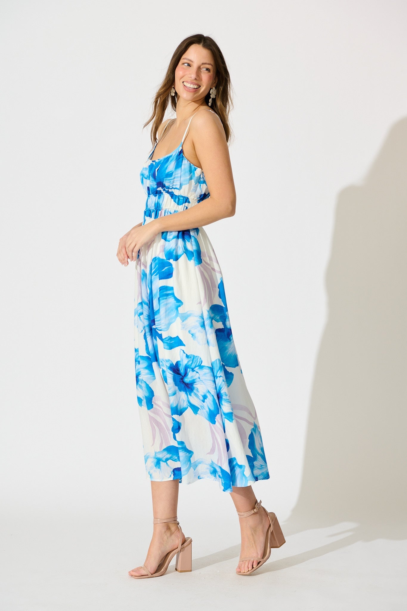 Zaynab Maxi Sundress in White with Blue Floral