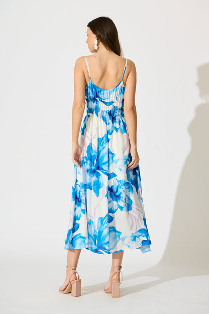 Zaynab Maxi Sundress in White with Blue Floral