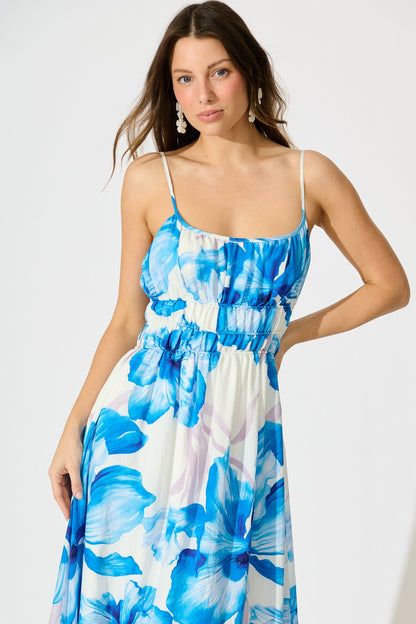 Zaynab Maxi Sundress in White with Blue Floral