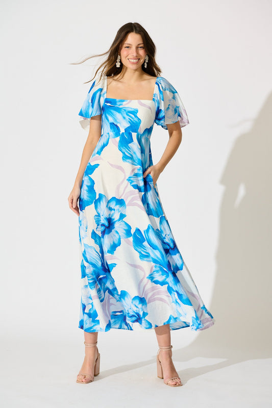 Indira Maxi Dress in White with Blue Floral
