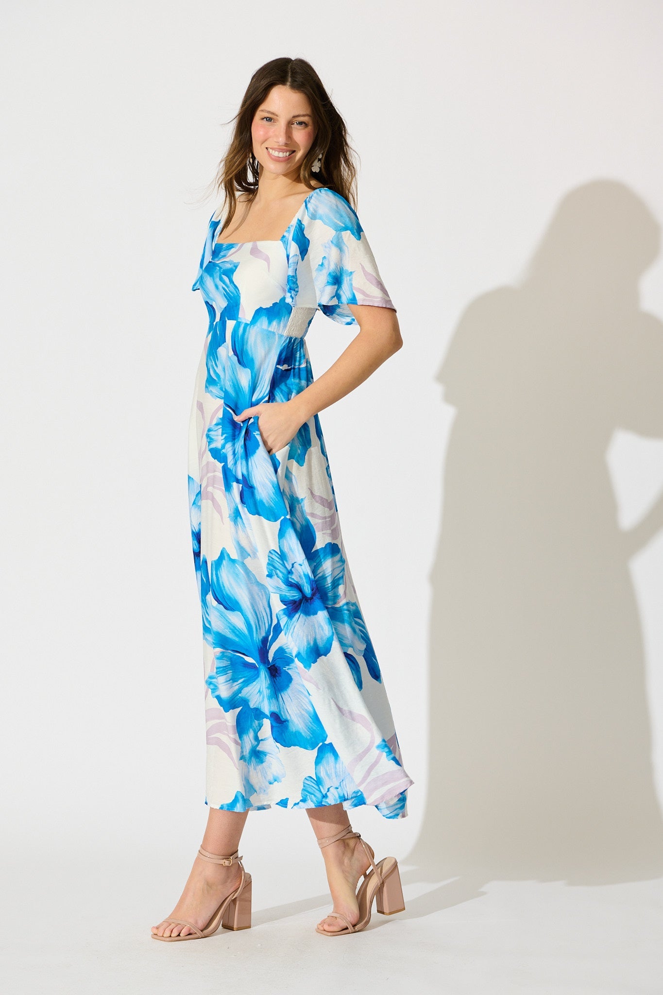 Indira Maxi Dress in White with Blue Floral