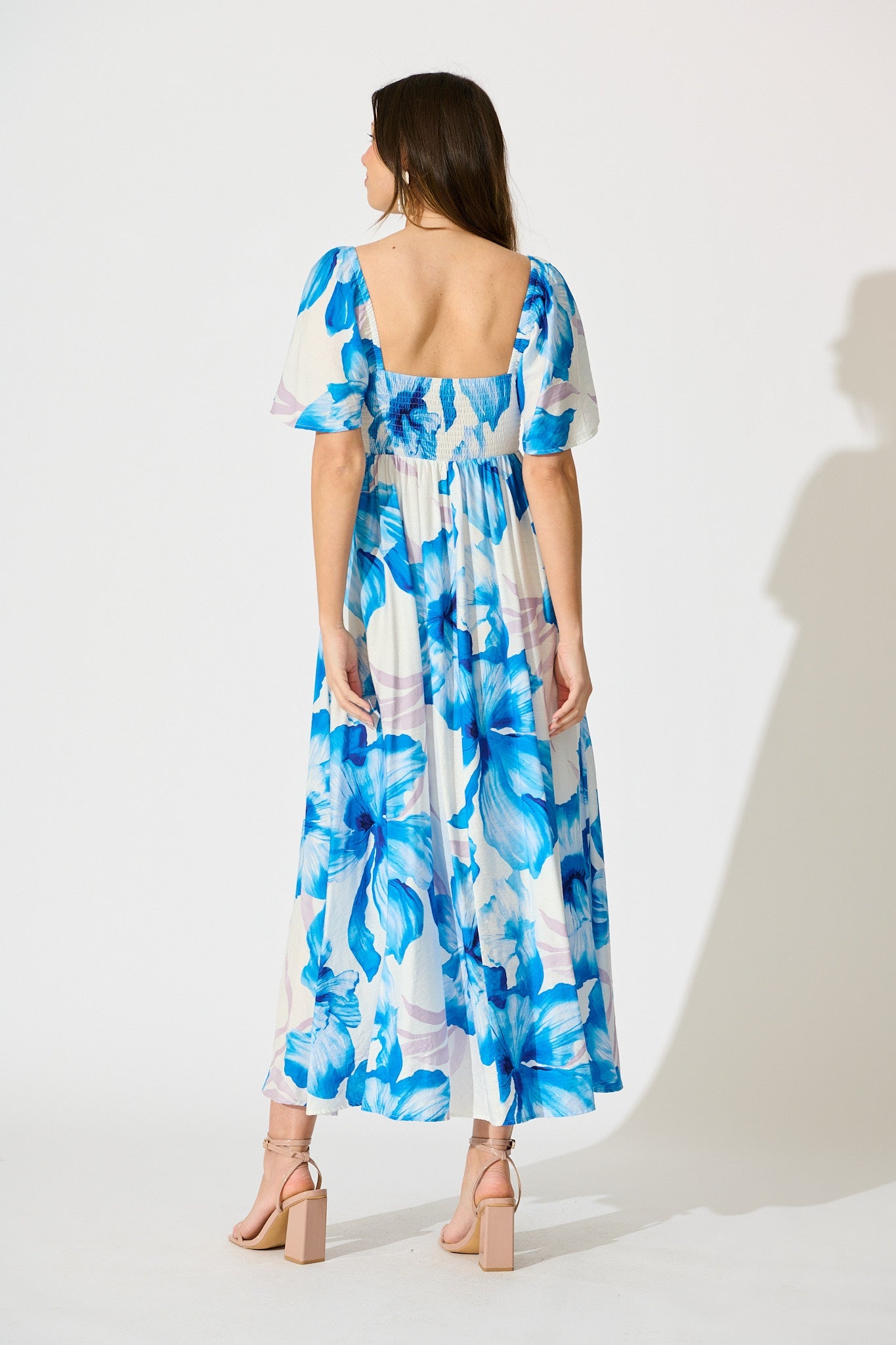 Indira Maxi Dress in White with Blue Floral