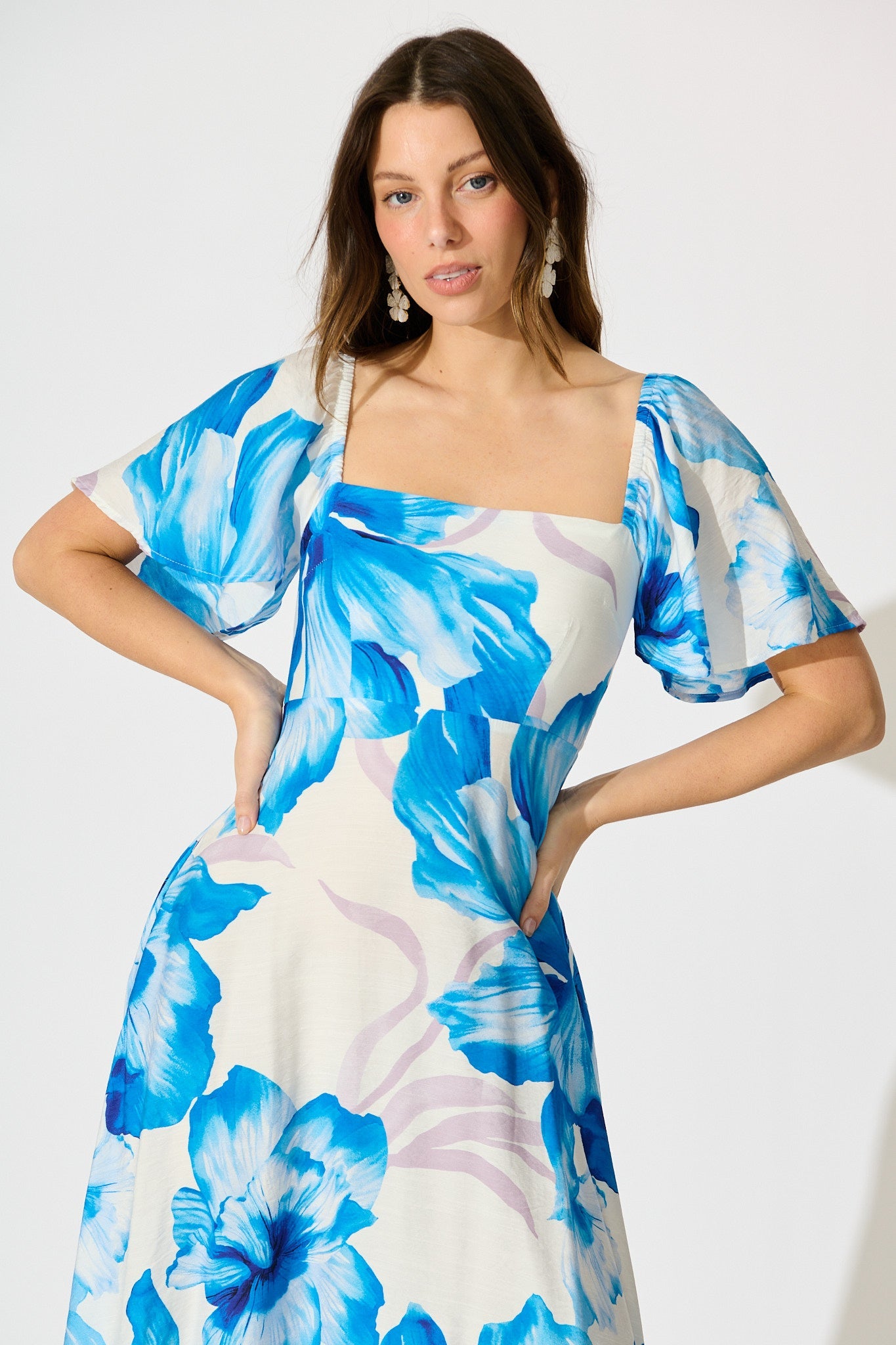 Indira Maxi Dress in White with Blue Floral