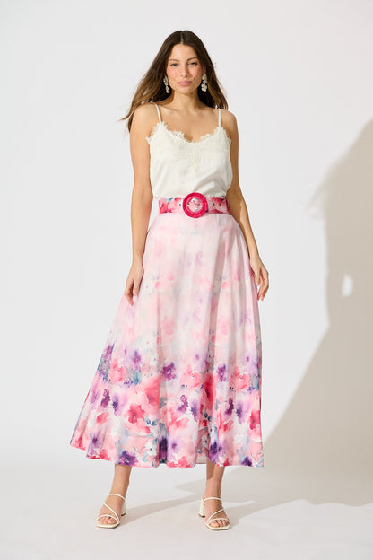 Secret Garden Maxi Skirt in Pink with Multi Floral Cotton Blend