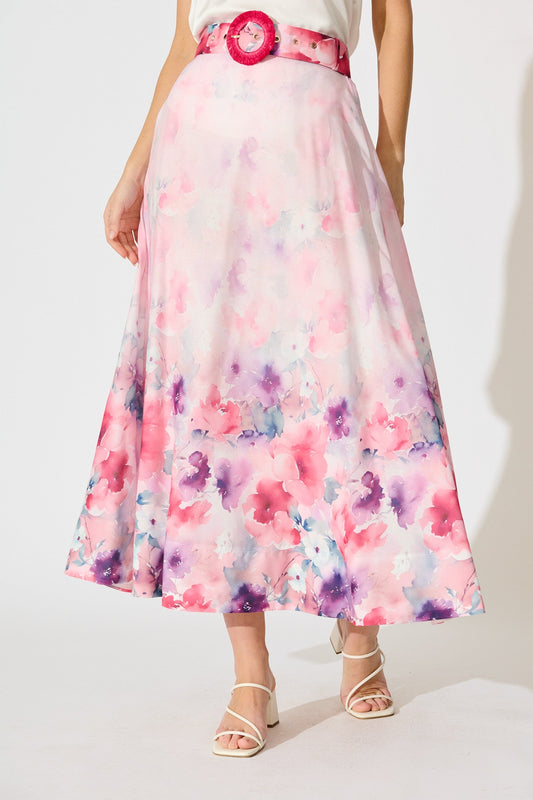 Secret Garden Maxi Skirt in Pink with Multi Floral Cotton Blend