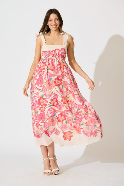 Grazia Maxi Sundress in Cream with Pink Multi Linen Blend