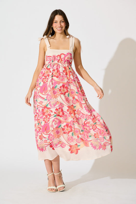 Grazia Maxi Sundress in Cream with Pink Multi Linen Blend