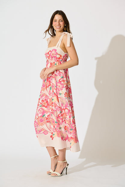 Grazia Maxi Sundress in Cream with Pink Multi Linen Blend