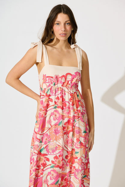 Grazia Maxi Sundress in Cream with Pink Multi Linen Blend