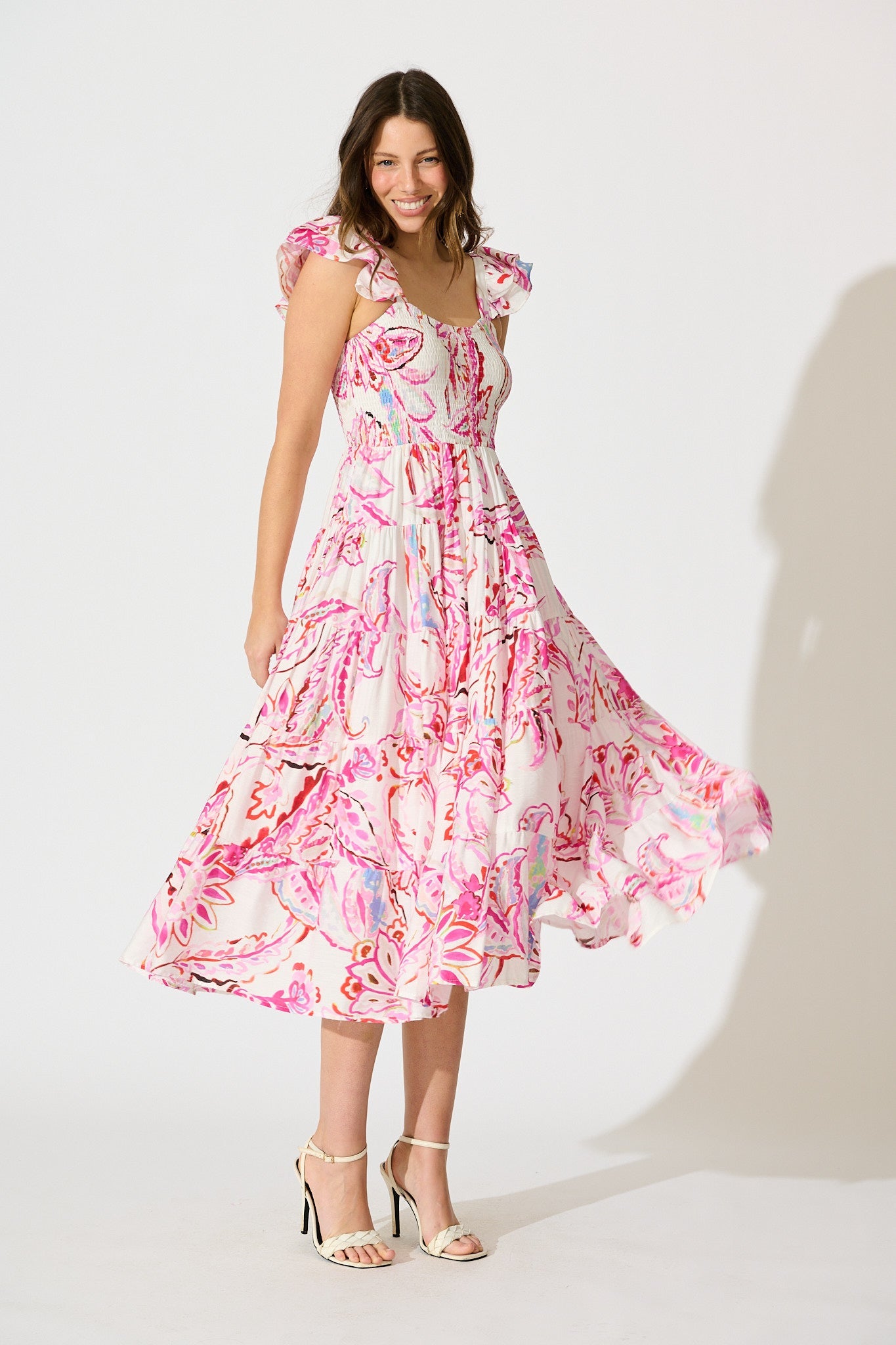 Imee Midi Sundress in White with Pink Abstract Floral