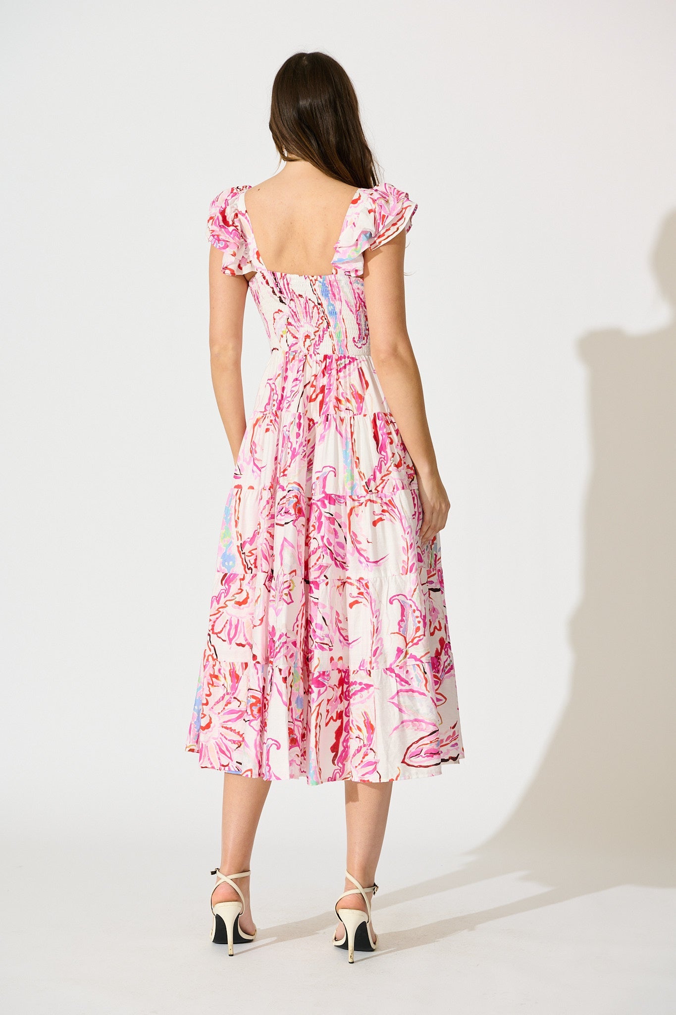 Imee Midi Sundress in White with Pink Abstract Floral