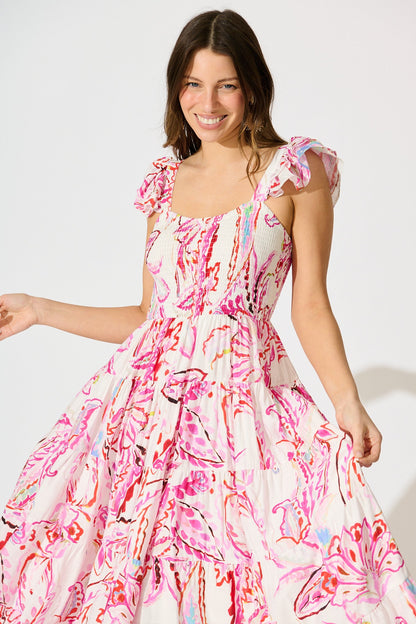 Imee Midi Sundress in White with Pink Abstract Floral