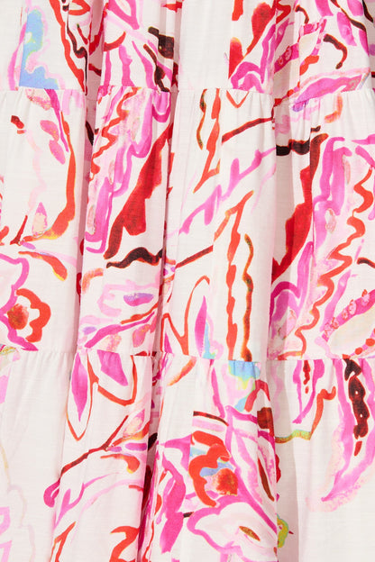 Imee Midi Sundress in White with Pink Abstract Floral