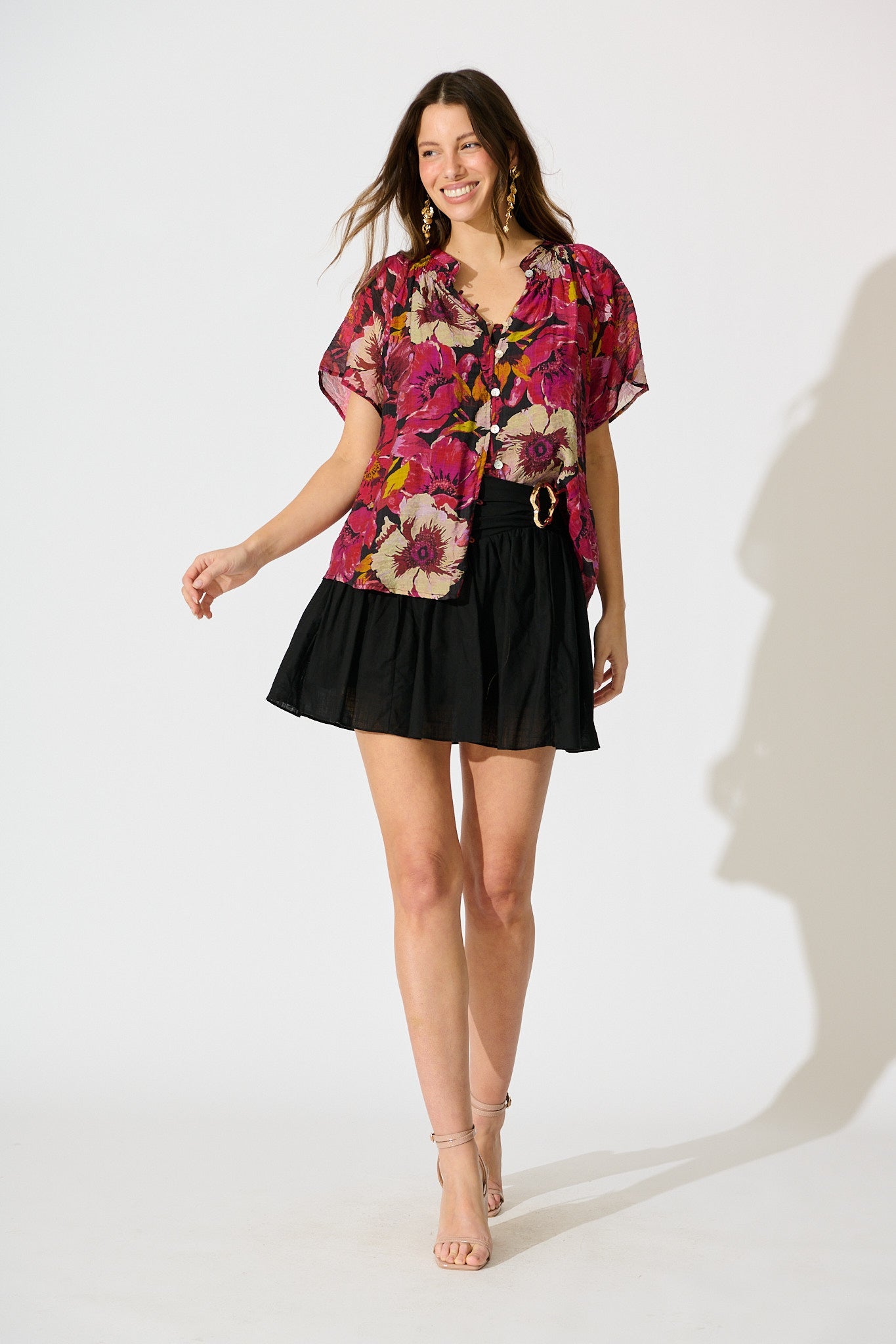 Lombard Top in Black with Pink Floral