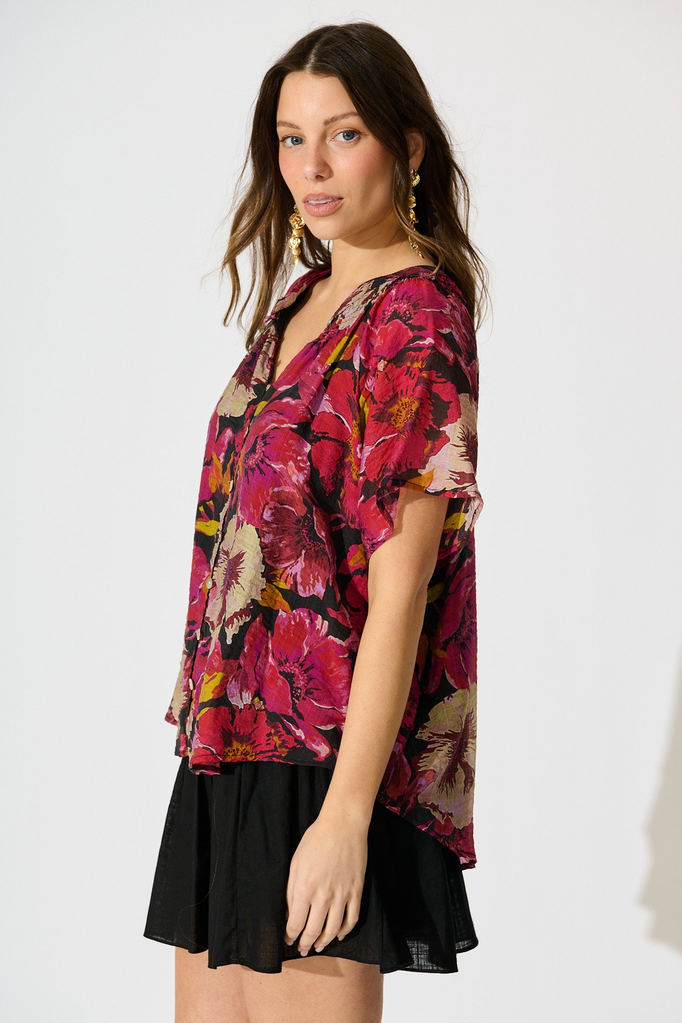 Lombard Top in Black with Pink Floral