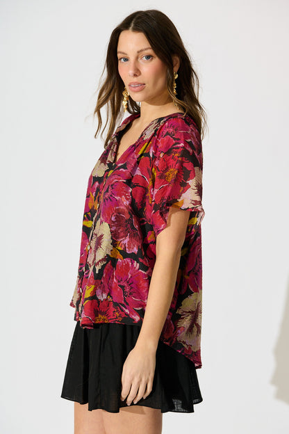 Lombard Top in Black with Pink Floral