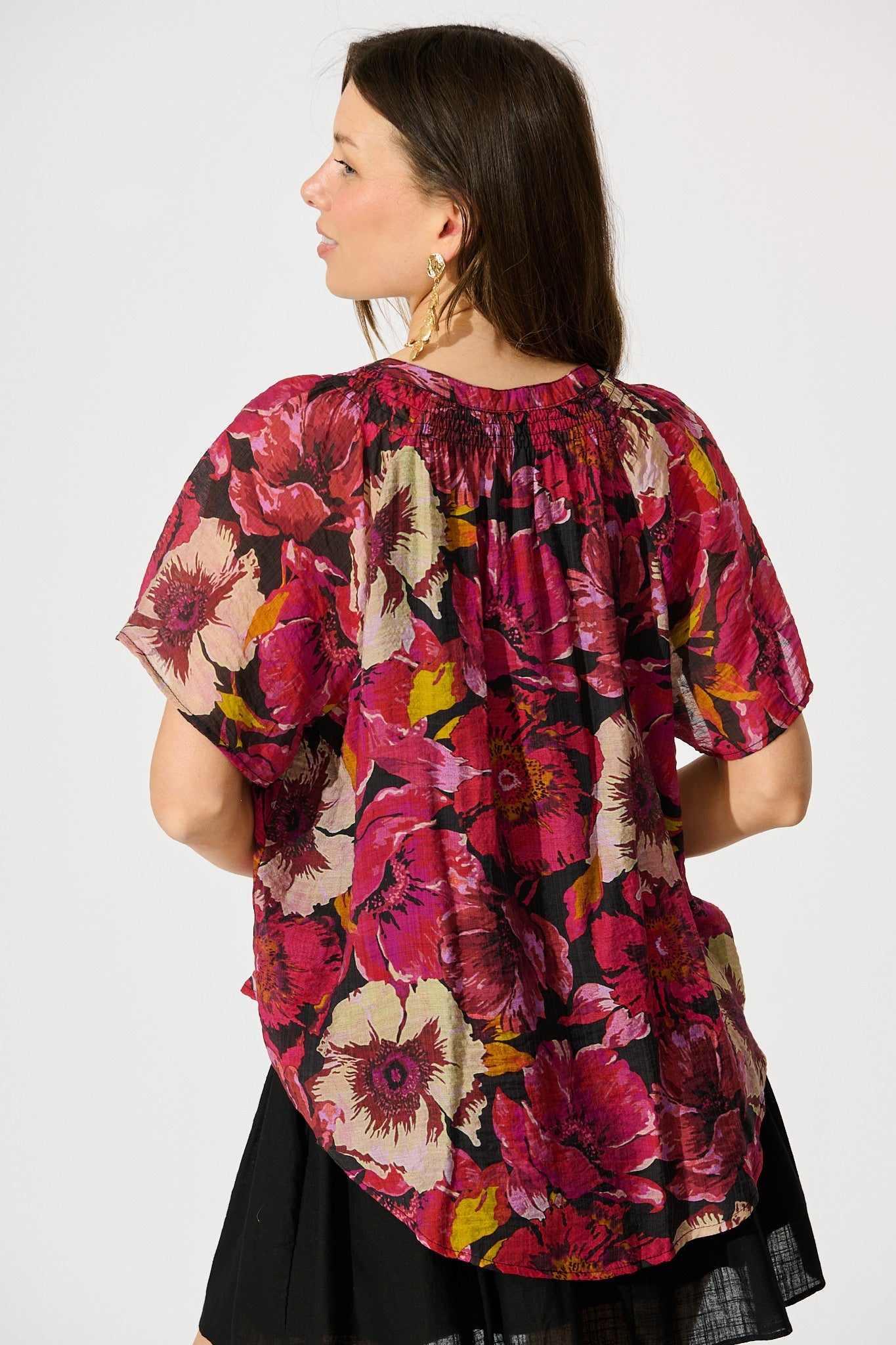 Lombard Top in Black with Pink Floral