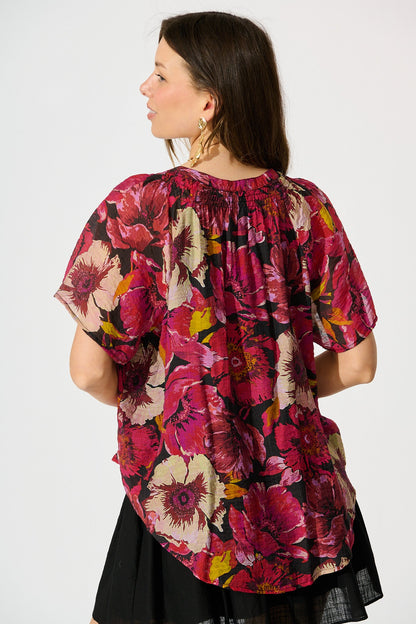 Lombard Top in Black with Pink Floral