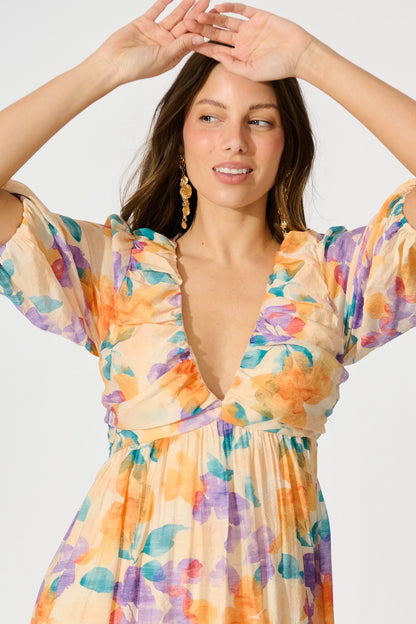 Seraphine Maxi Dress in Tangerine Multi Watercolour Floral