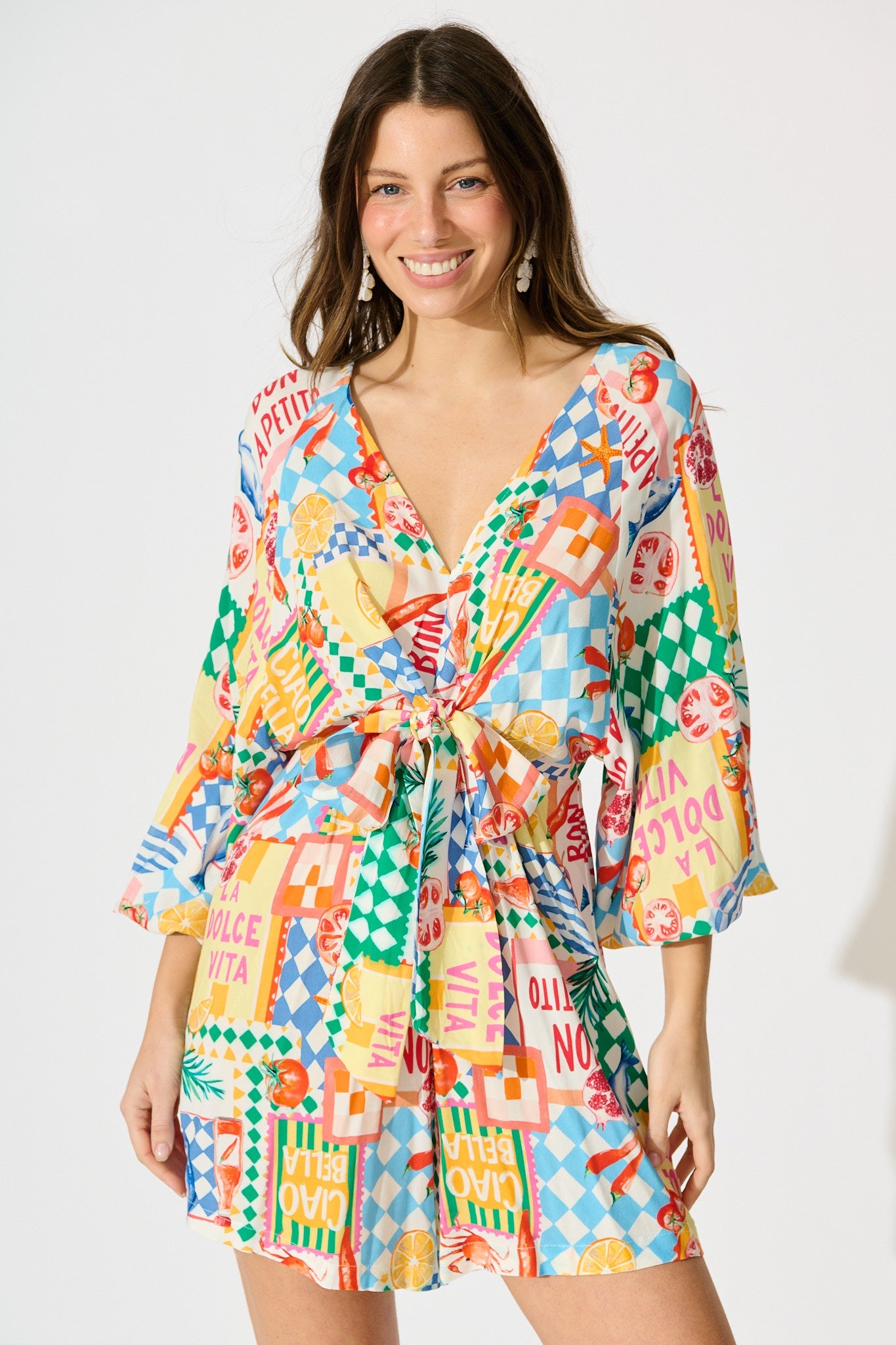 Otillie Playsuit in White Multi Conversational Print