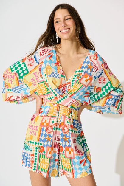 Otillie Playsuit in White Multi Conversational Print