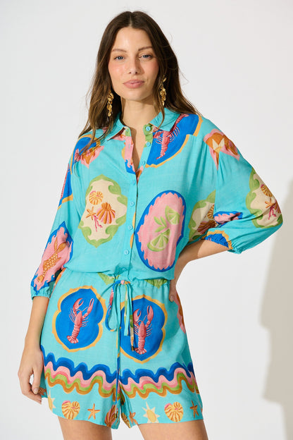 Micaela Playsuit in Blue Seashell Print