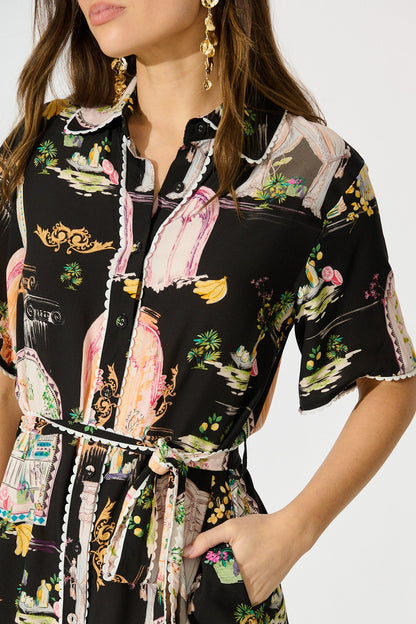 Orsa Shirt Dress In Black Multi Print