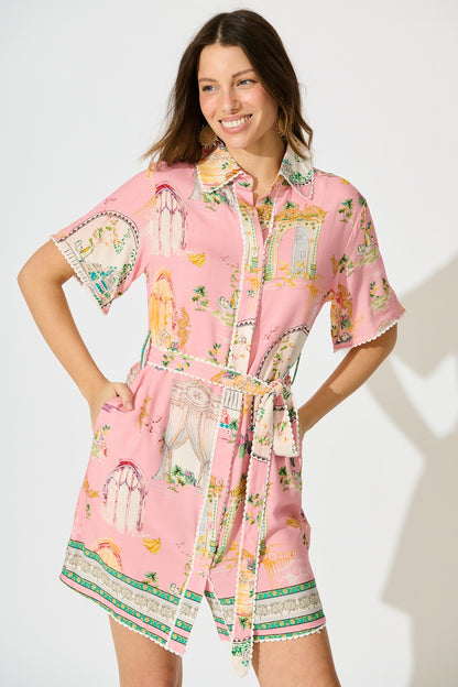 Orsa Shirt Dress in Pink Multi Print