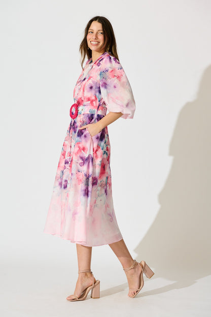 Serenade Bloom Midi Dress in Pink with Multi Floral Cotton Blend