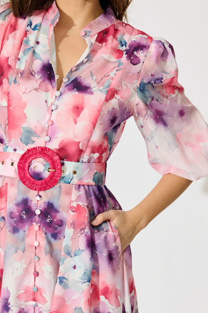 Serenade Bloom Midi Dress in Pink with Multi Floral Cotton Blend