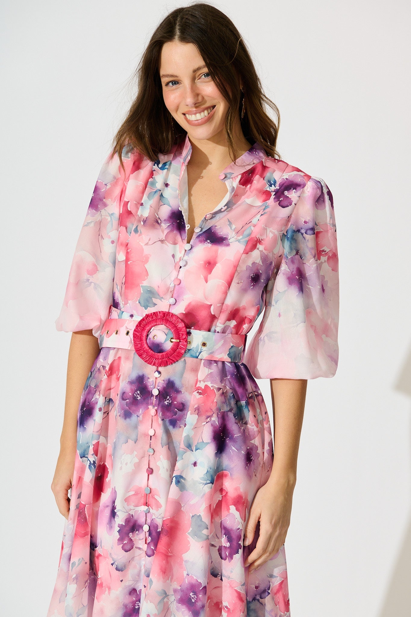 Serenade Bloom Midi Dress in Pink with Multi Floral Cotton Blend