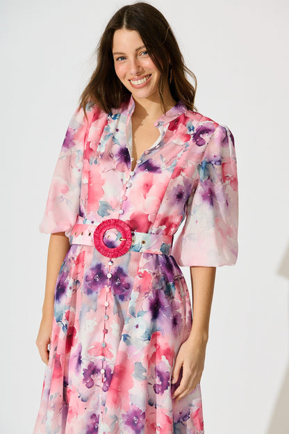 Serenade Bloom Midi Dress in Pink with Multi Floral Cotton Blend