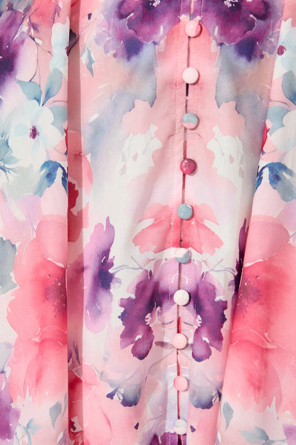 Serenade Bloom Midi Dress in Pink with Multi Floral Cotton Blend