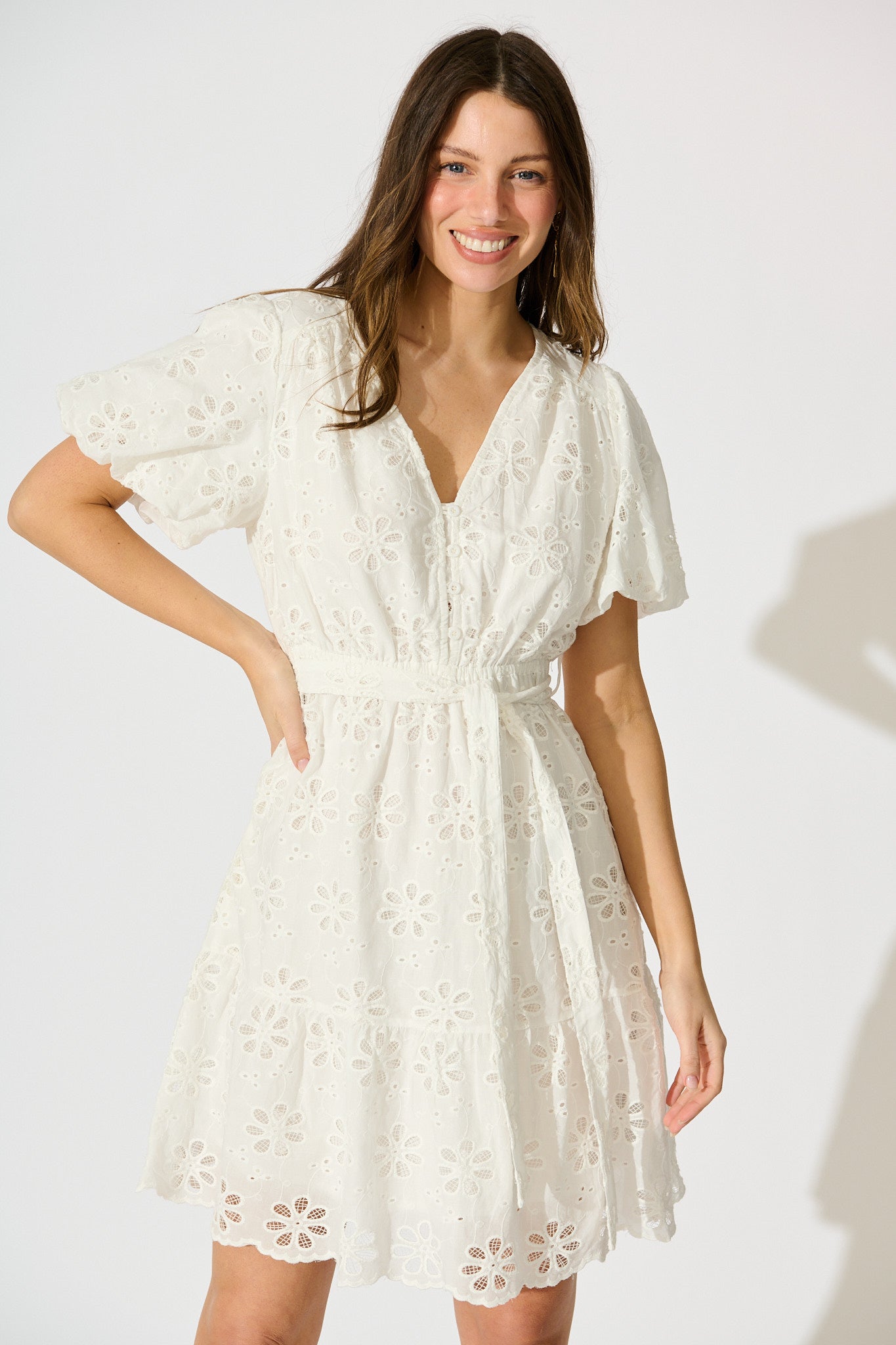 Juliette Dress in White Broderie Cotton