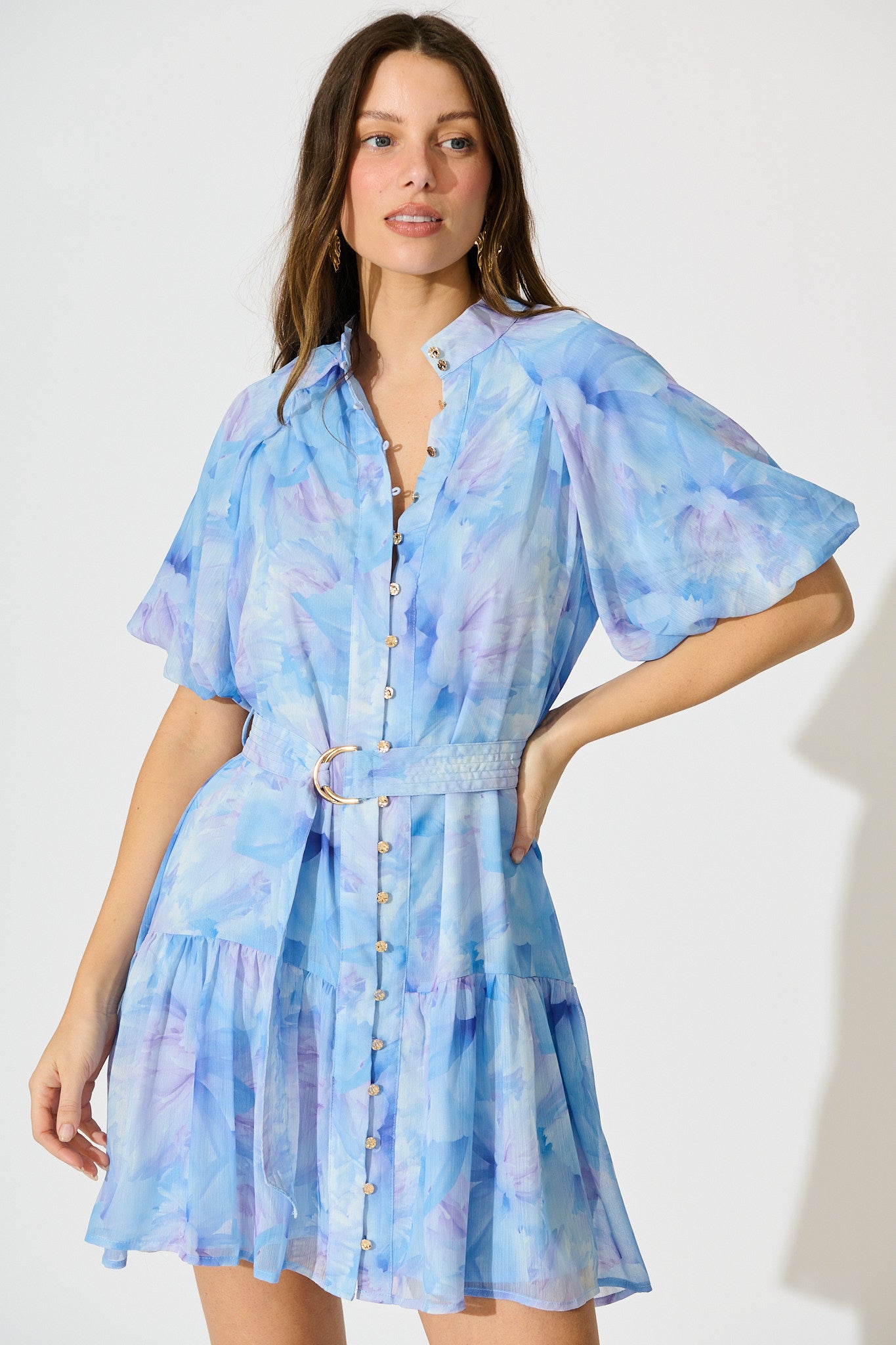 Dawnfall Dress in Blue Floral Chiffon