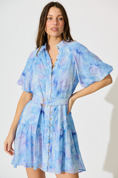 Dawnfall Dress in Blue Floral Chiffon