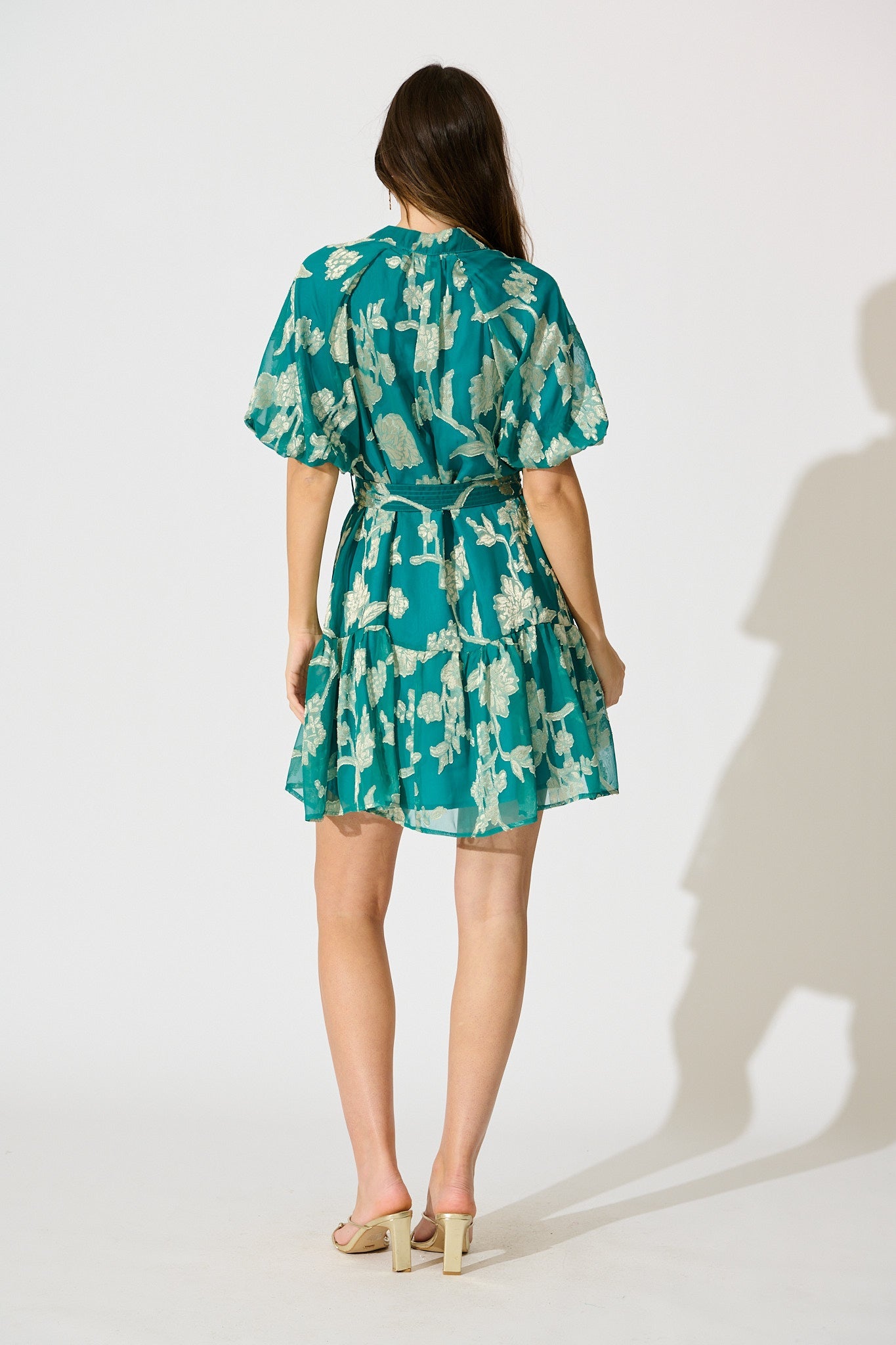 Dawnfall Dress in Teal with Pale Gold Floral Burnout Chiffon