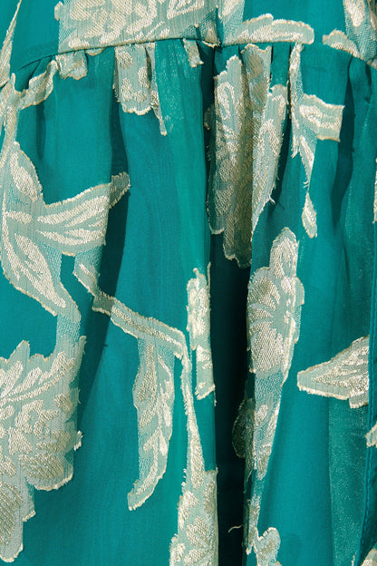 Dawnfall Dress in Teal with Pale Gold Floral Burnout Chiffon