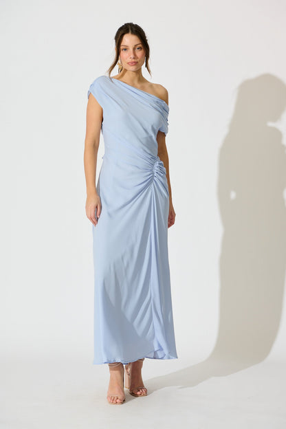 Marielle Off Shoulder Maxi Dress in Dusty Blue Chiffon