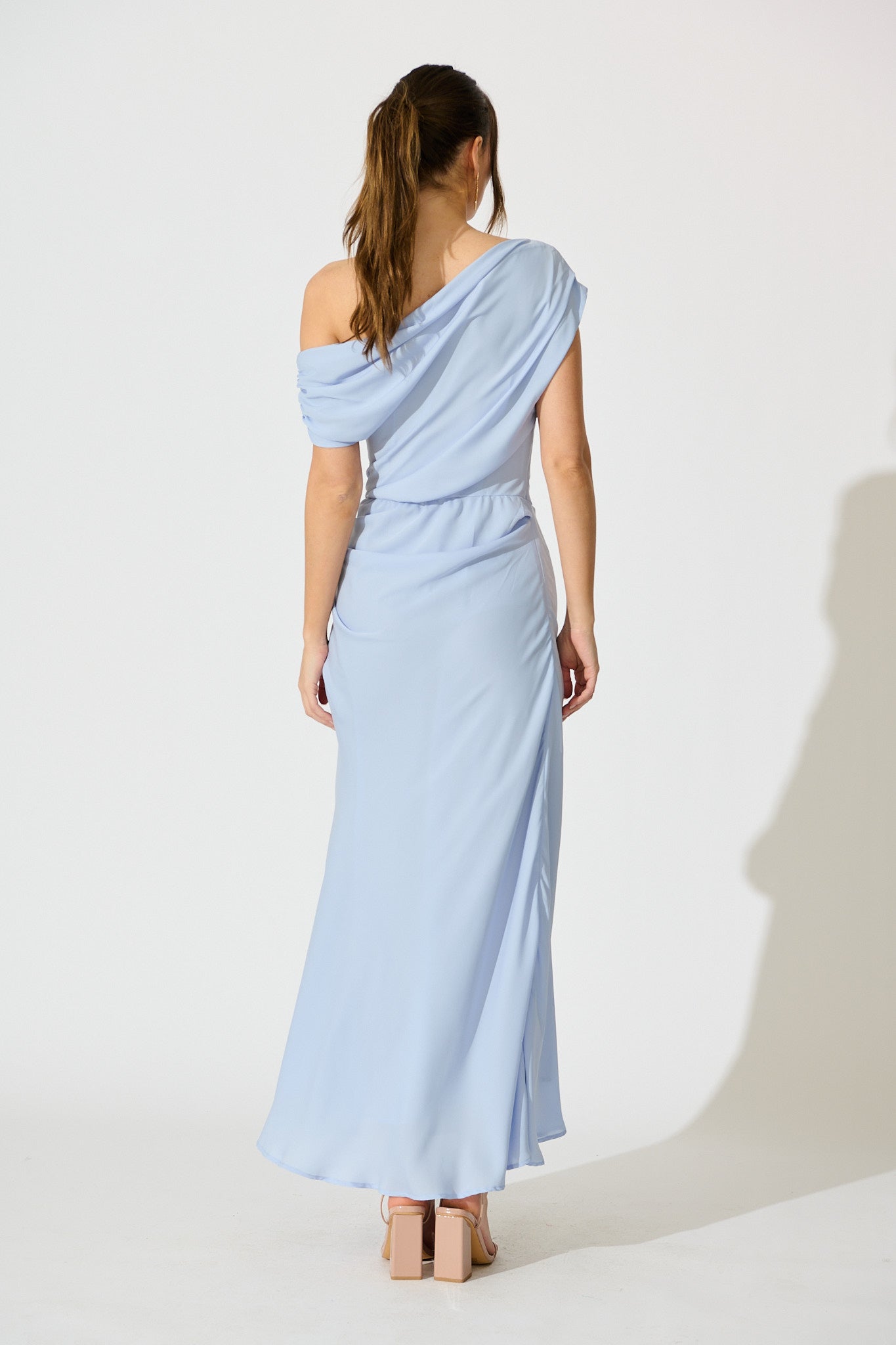 Marielle Off Shoulder Maxi Dress in Dusty Blue Chiffon