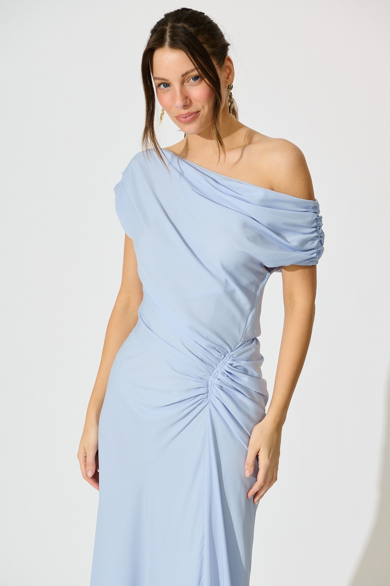 Marielle Off Shoulder Maxi Dress in Dusty Blue Chiffon