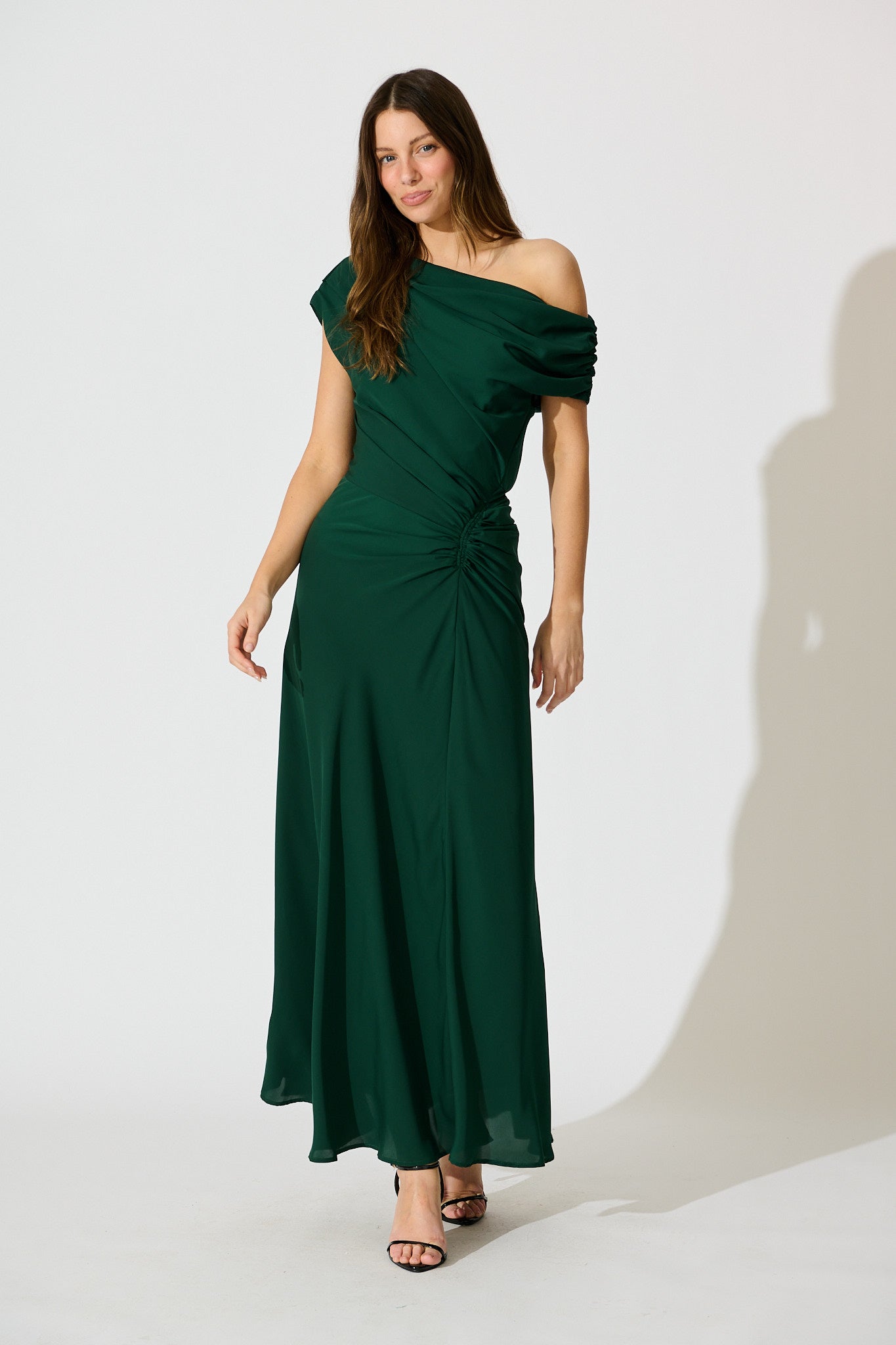 Marielle Off Shoulder Maxi Dress in Emerald Chiffon
