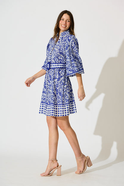 Carys Dress in Blue with White Cotton