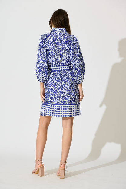 Carys Dress in Blue with White Cotton