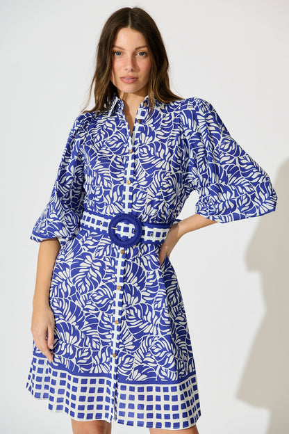 Carys Dress in Blue with White Cotton