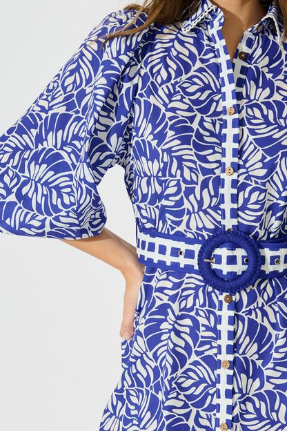 Carys Dress in Blue with White Cotton